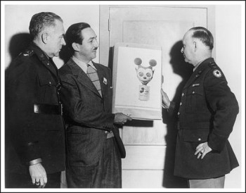 Walt Disney with Mickey Mouse gasmask, 1942