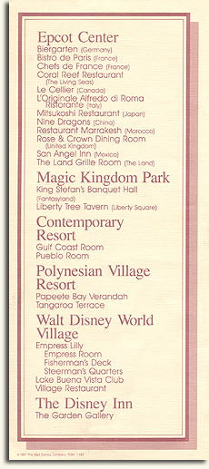 Walt Disney World Dining Brochure (T094 1187), 1987