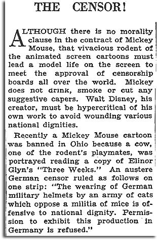 Article about censorship of Disney cartoons, New York Times, Nov. 16th 1930