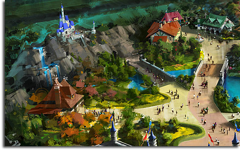 Closeup of Belle's Village and the Beast's Castle from the revised rendering of Walt Disney World's Fantasyland expansion