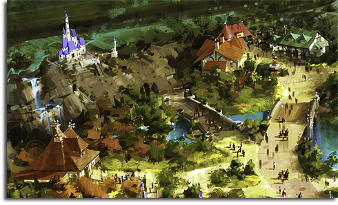 Closeup of Belle's Village and the Beast's Castle from the original rendering of Walt Disney World's Fantasyland expansion