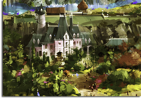 Closeup of Cinderella's Chateau from the original rendering of Walt Disney World's Fantasyland expansion