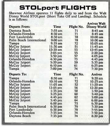 Lake Buena Vista STOLport schedule, Fall 1971